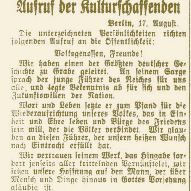 Joseph Goebbels: Aufruf der Kulturschaffenden. Ausschnitt aus Völkischer Beobachter vom 18. August 1934